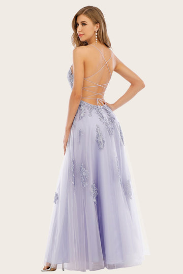 Lavendel Tulle Lang Prom Kjole med blonder